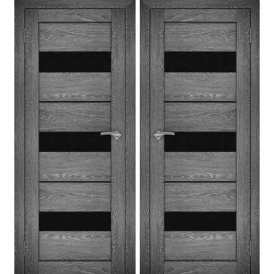 Дверное полотно АМАТИ-12 дуб шале-графит экошпон ПО-600 черное стекло